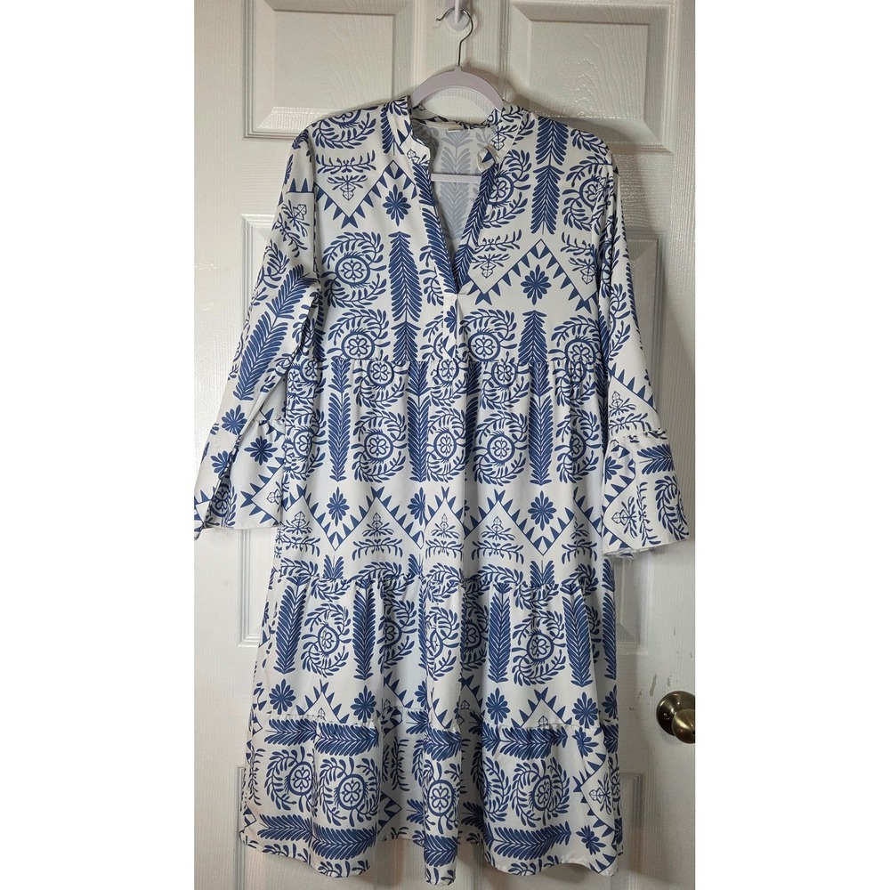 Blue White Boho Tiered Midi Dress Split V-Neck Bell Sleeve Geometric Floral L
